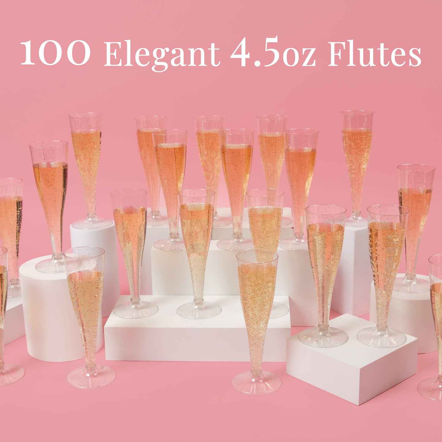 Prestee 100 Pack Plastic Champagne Flutes Disposable - Durable Silver Glitter Champagne Glasses 4.5 oz - Ideal for Parties, Weddings, Mimosa Bar, and Celebrations - Elegant Single Use Party Glasses