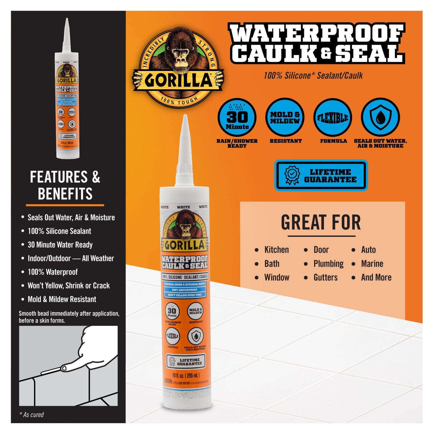 Gorilla Waterproof Silicone Sealant, 10oz Cartridge