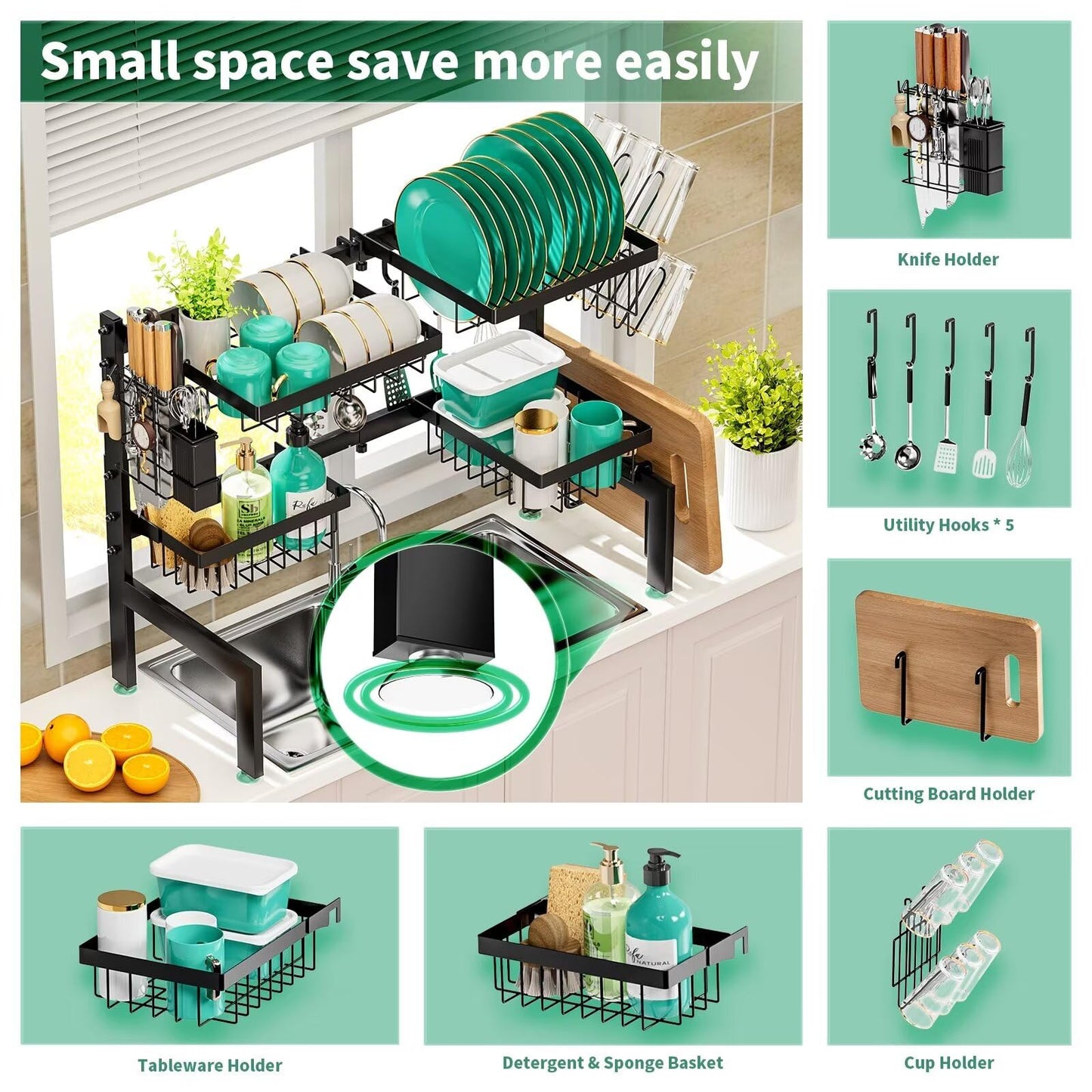 MOUKABAL Over The Sink Dish Drying Rack -Adjustable Over Sink Dish Rack- Length(25.9"-33.4")-Space-Saving -Multifunctional Over The Sink Dish Drainer Drying Rack for Kitchen Counter-Metal,Black