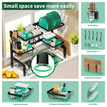 MOUKABAL Over The Sink Dish Drying Rack -Adjustable Over Sink Dish Rack- Length(25.9"-33.4")-Space-Saving -Multifunctional Over The Sink Dish Drainer Drying Rack for Kitchen Counter-Metal,Black