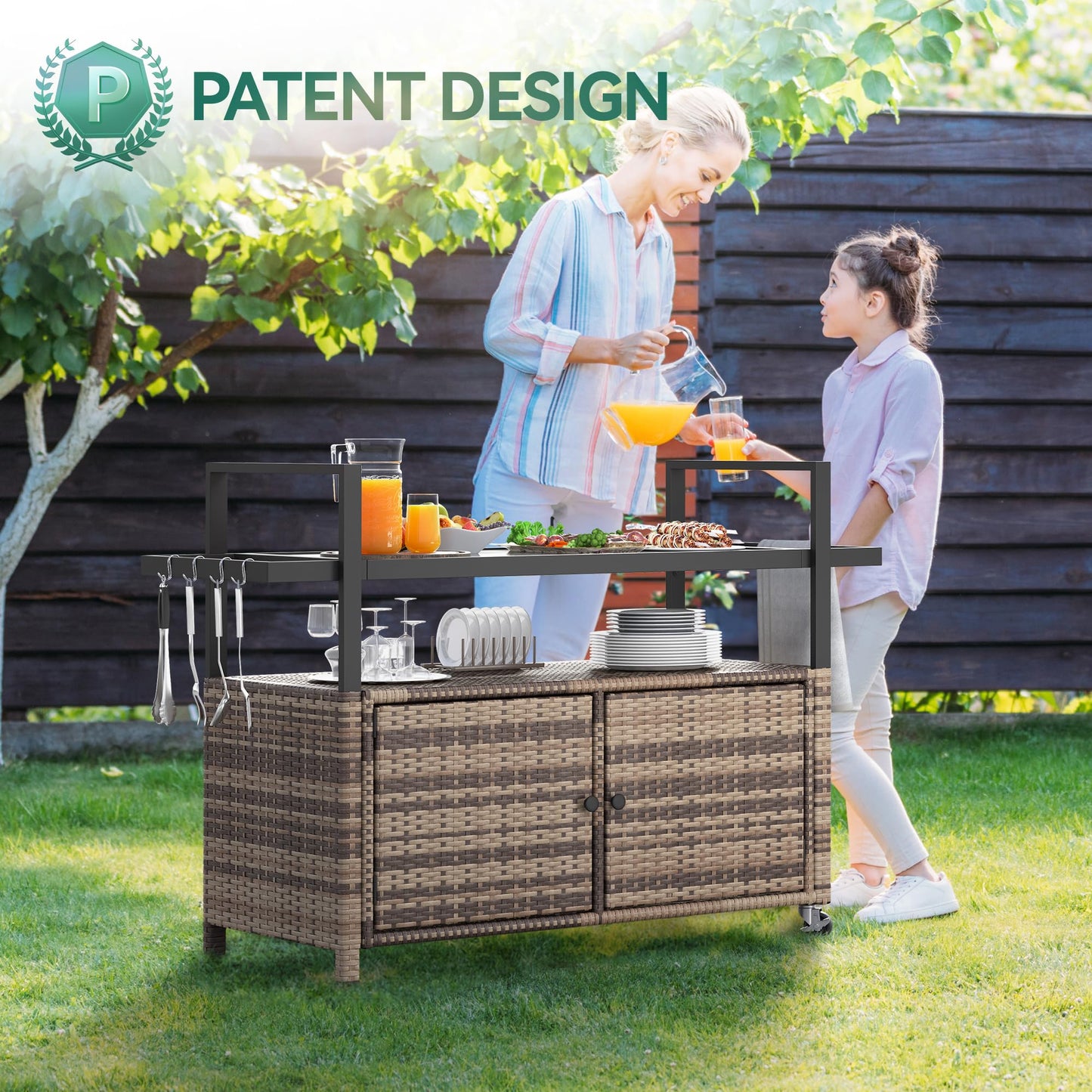 YITAHOME Outdoor Kitchen Rolling Cart with Glass Top