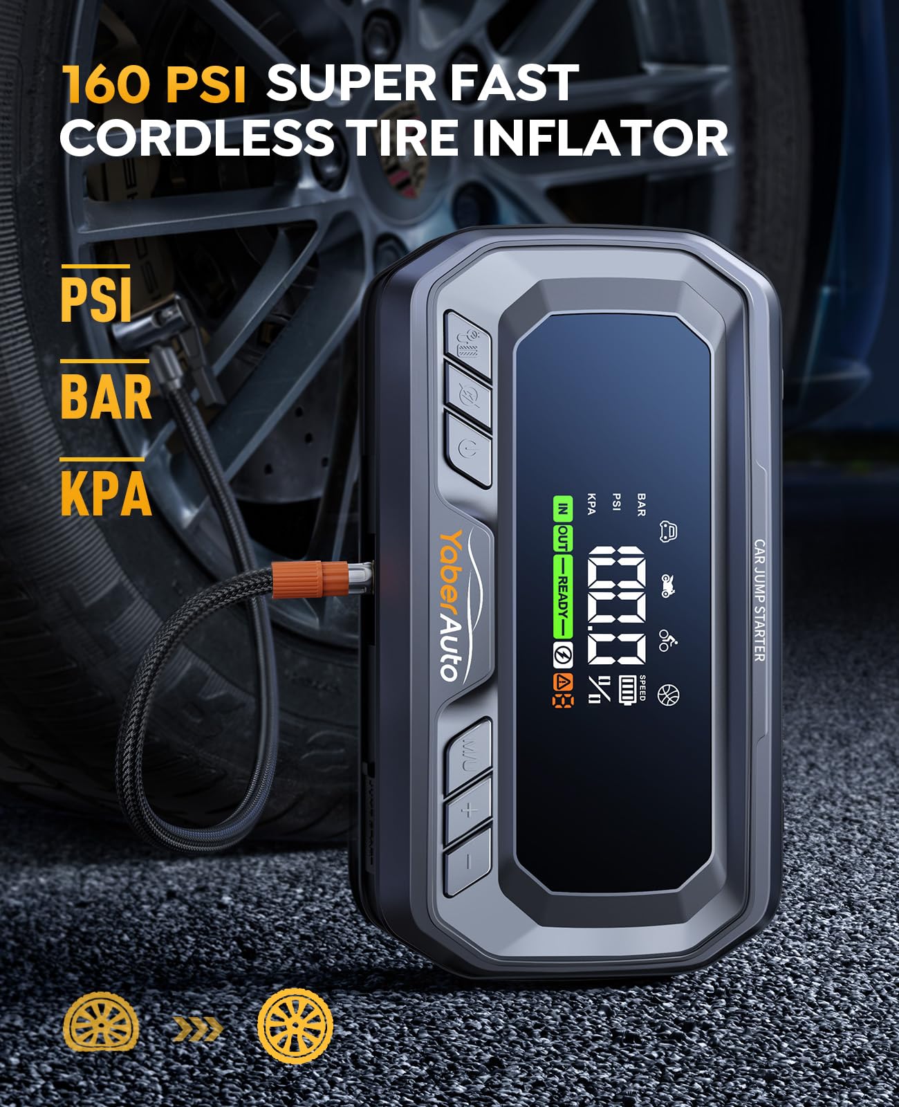 YaberAuto Portable Car Jump Starter with Air Compressor 160PSI, 6000A 65W Charging Car Battery Jump Starter Battery Pack (All Gas/12L Diesel) Jump Box Car Battery Jumper Starter Portable, 600lm Lights