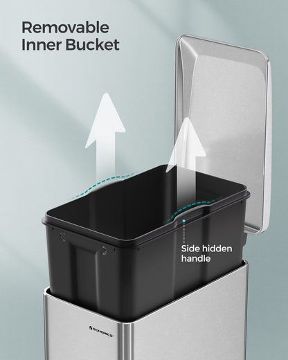 SONGMICS Slim Trash Can, 12.7 Gallon Garbage Can for Narrow Spaces with Soft-Close Lid, Inner Bucket, and Step-on Pedal, Stainless Steel, 15 Trash Bags Included, Silver ULTB510E48