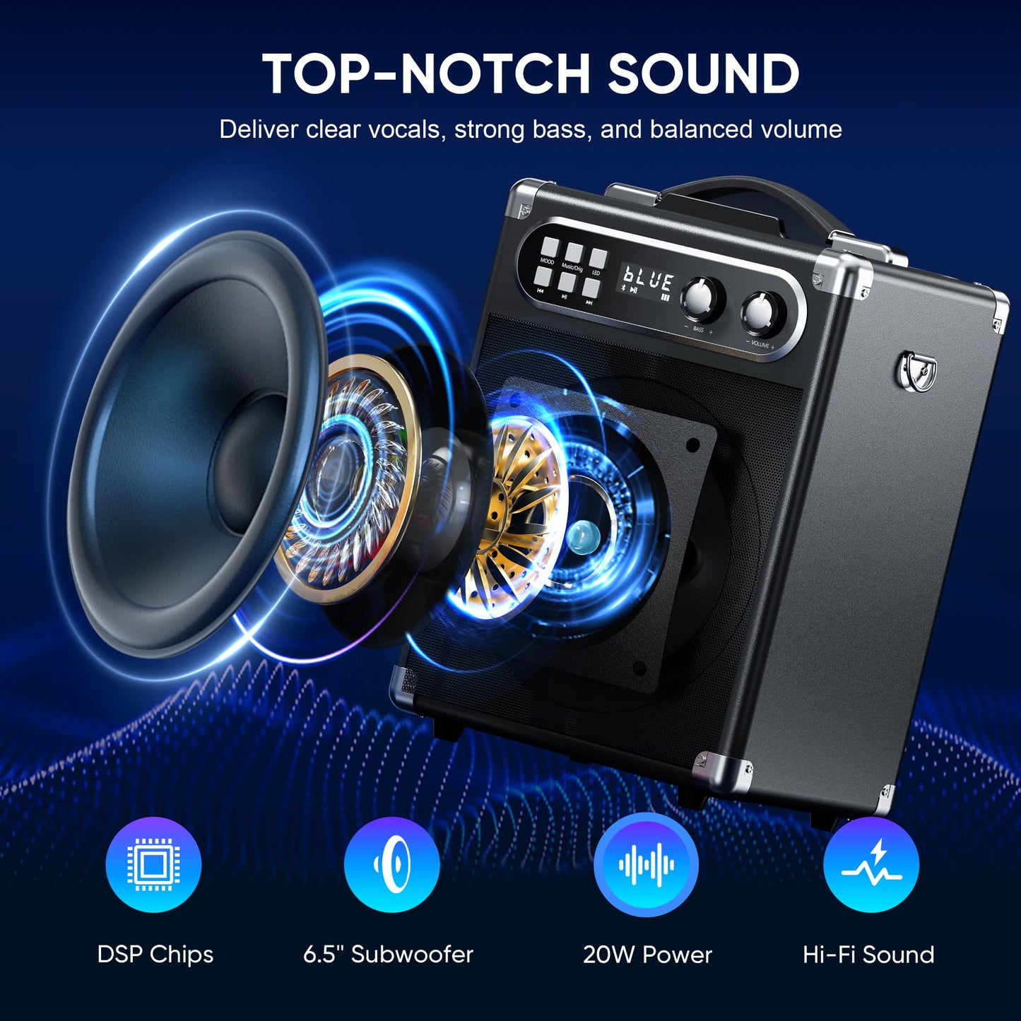 Karaoke Machine, Portable Bluetooth Speaker with 2 Wireless Microphones for Adults Kids with LED Lights, PA System Speaker Supports Echo/USB/TF/AUX Stereo Sound Enhanced Bass for Home Party Birthday
