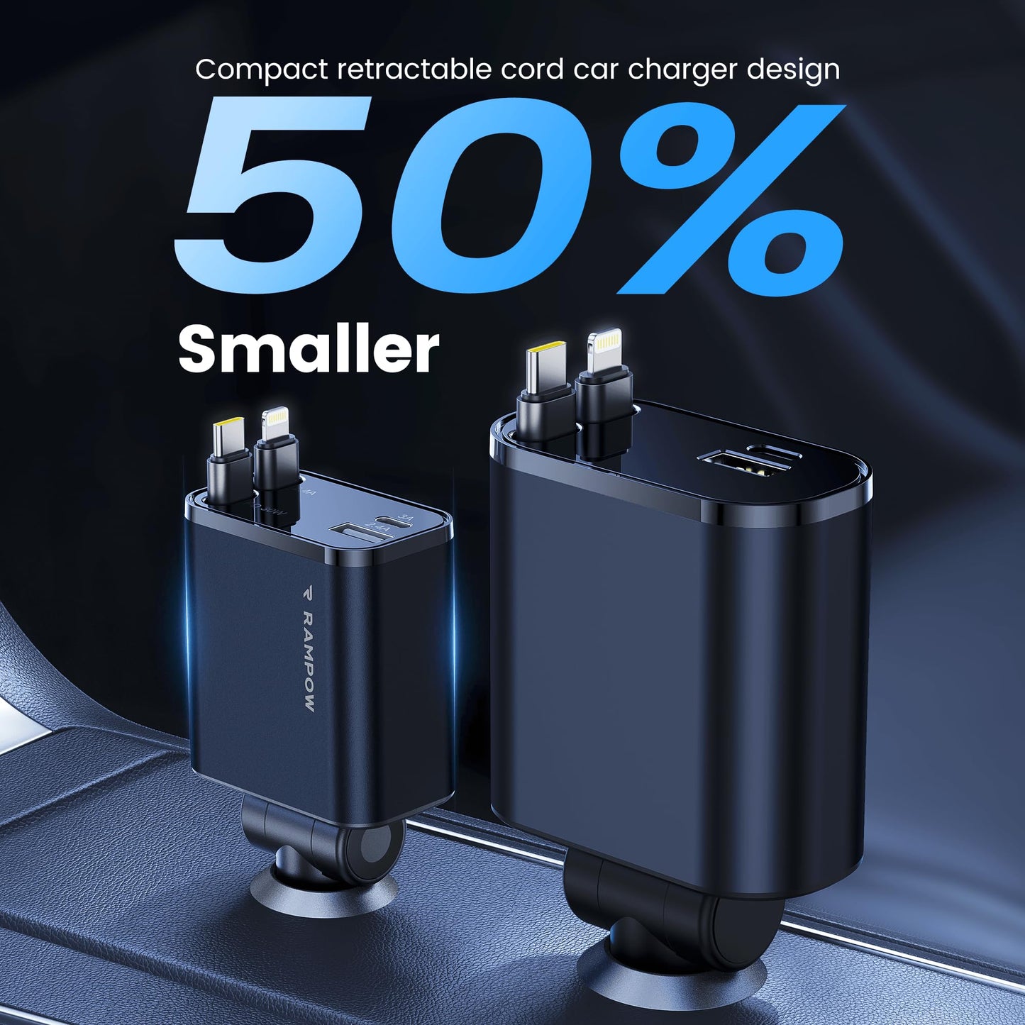 RAMPOW 65W Retractable USB-C Car Charger
