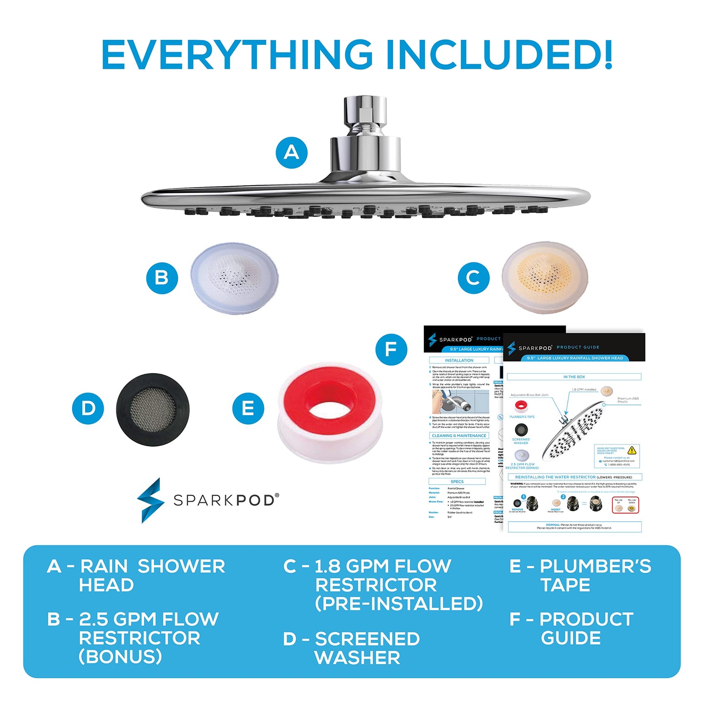 SparkPod 9.5" Rain Shower Head with Anti-Clog Nozzles