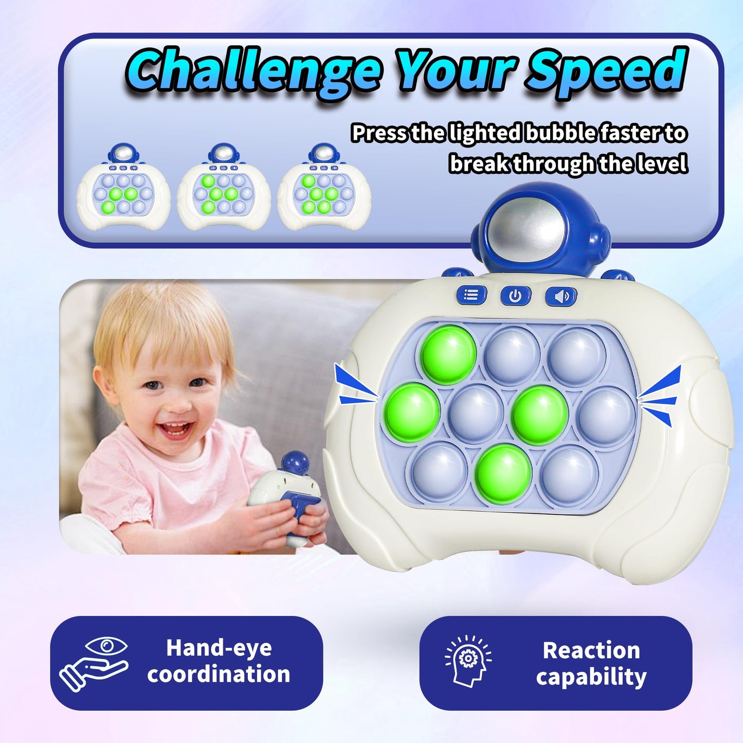Fast Push Pop Game Fidget it Toys for Kids, Electronic Handheld Astronaut Blue Quick Push Bubbles Light up Sensory Toy, Birthday Toys Gifts for 3 4 5 6 7-10+ Years Old Boys and Girls (Blue Astronaut)