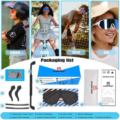 Queshark Kids Sunglasses Polarized, Youth Baseball Sunglasses for 8-16 Boys Girls, Kids Sport Glasses for Cycling Baseball