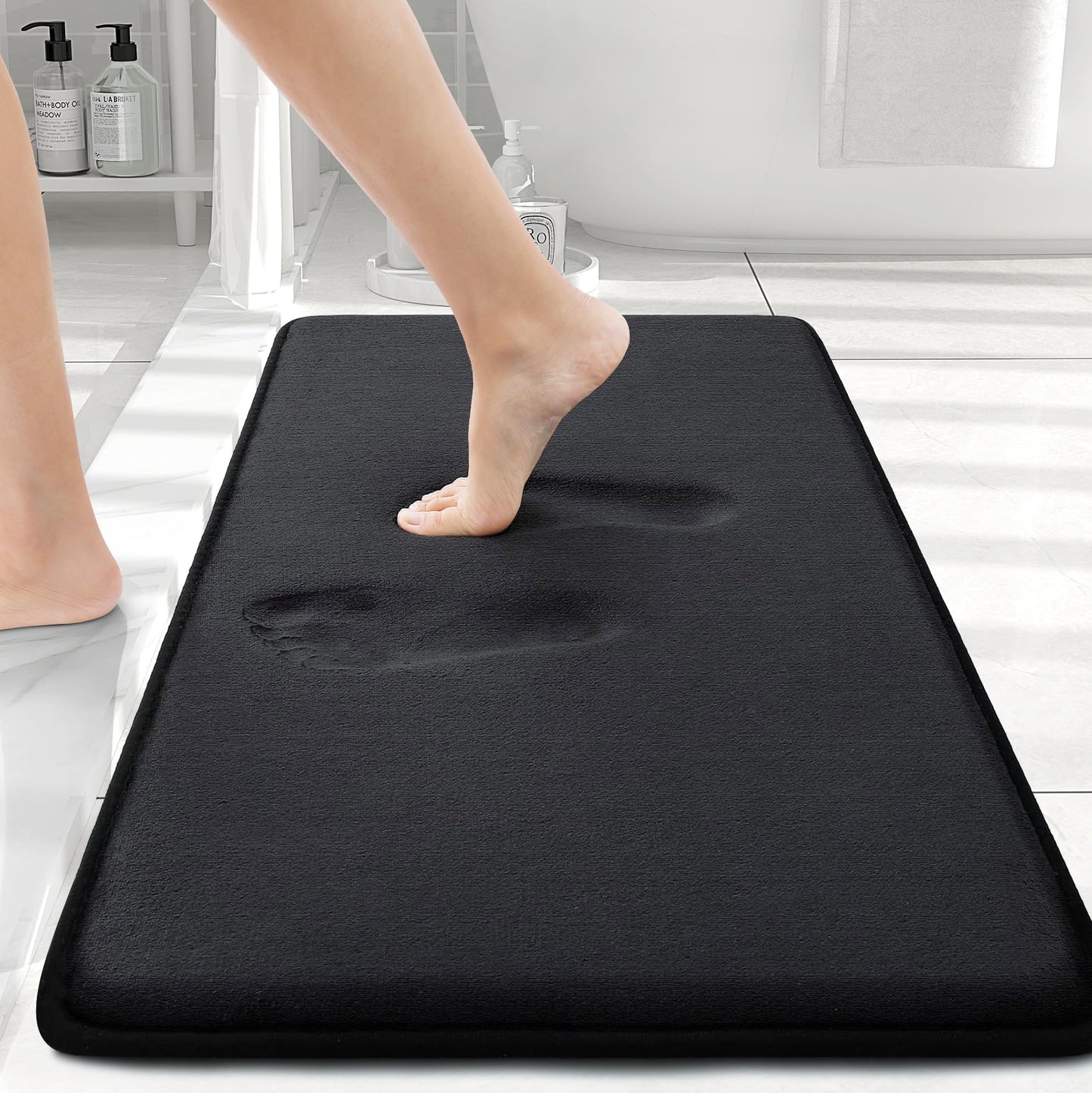 smiry Memory Foam Bath Mat 30" x 20", Extra Soft Absorbent Bathroom Rugs Non Slip Bath Rug Runner for Shower Bathroom Floors, Black