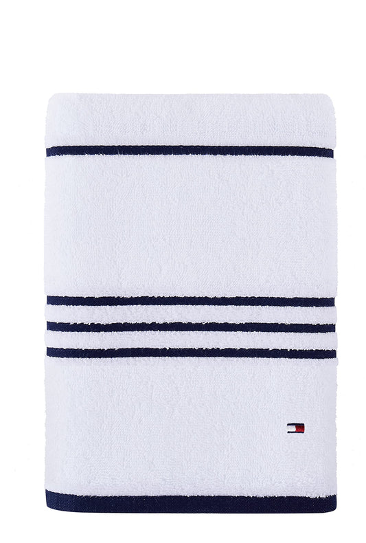 Tommy Hilfiger Modern American Stripe Bath Towel, 30 X 54 Inches, 100% Cotton 574 GSM (White/Peacoat)