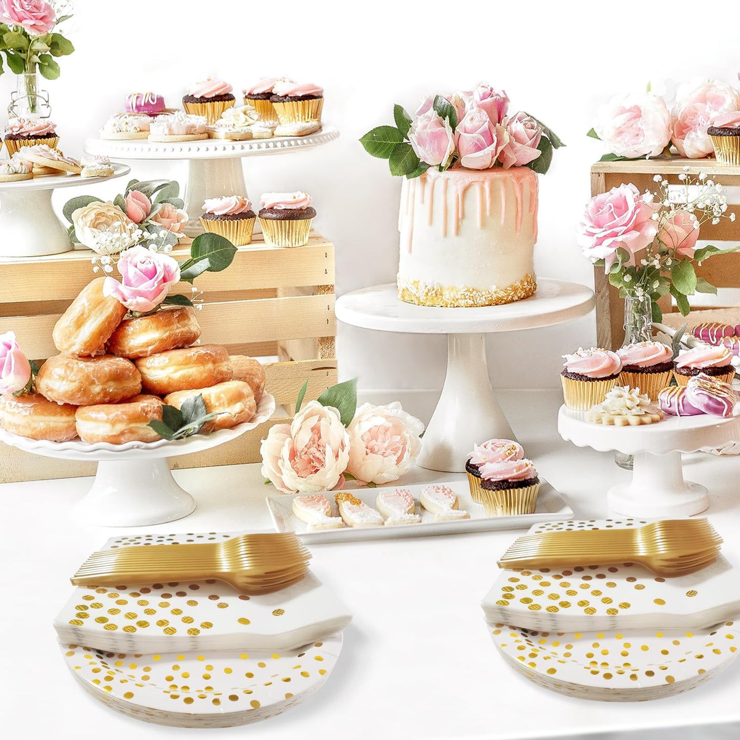 105 Pack Disposable Gold Dot Paper Plates and Napkins