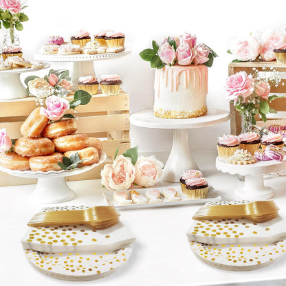 105 Pack Disposable Gold Dot Paper Plates and Napkins