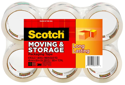 Scotch Long Lasting Storage Packaging Tape, 1.88" x 54.6 yd, Designed for Storage and Packing, Stays Sealed in Weather Extremes, 3" Core, Clear, 6 Rolls (3650-6)