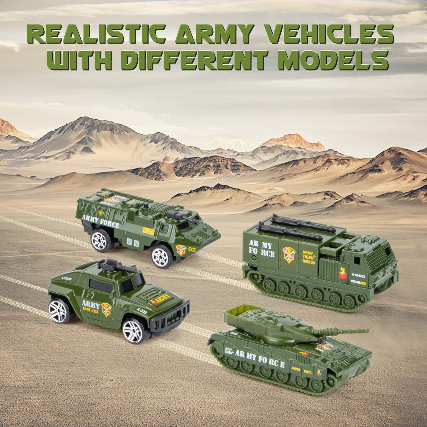 UNIH Toy Sets, Military Transport Tank and 4PCS Vehicles, Tank & Vehicle Playset with 4 Sound and Launcher Birthday Gift for Kids Boys 3 4 5 6 7 Years Old ( Army Men Soldiers Included)