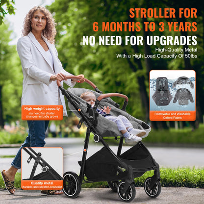 VEVOR Standard Baby Stroller, Infant Toddler Stroller with Bassinet, 3rd-Gear Adjustable Backrest & Foldable & Reversible Seat, Carbon Steel Newborn Stroller with Leg Cover and Mesh Net, Black