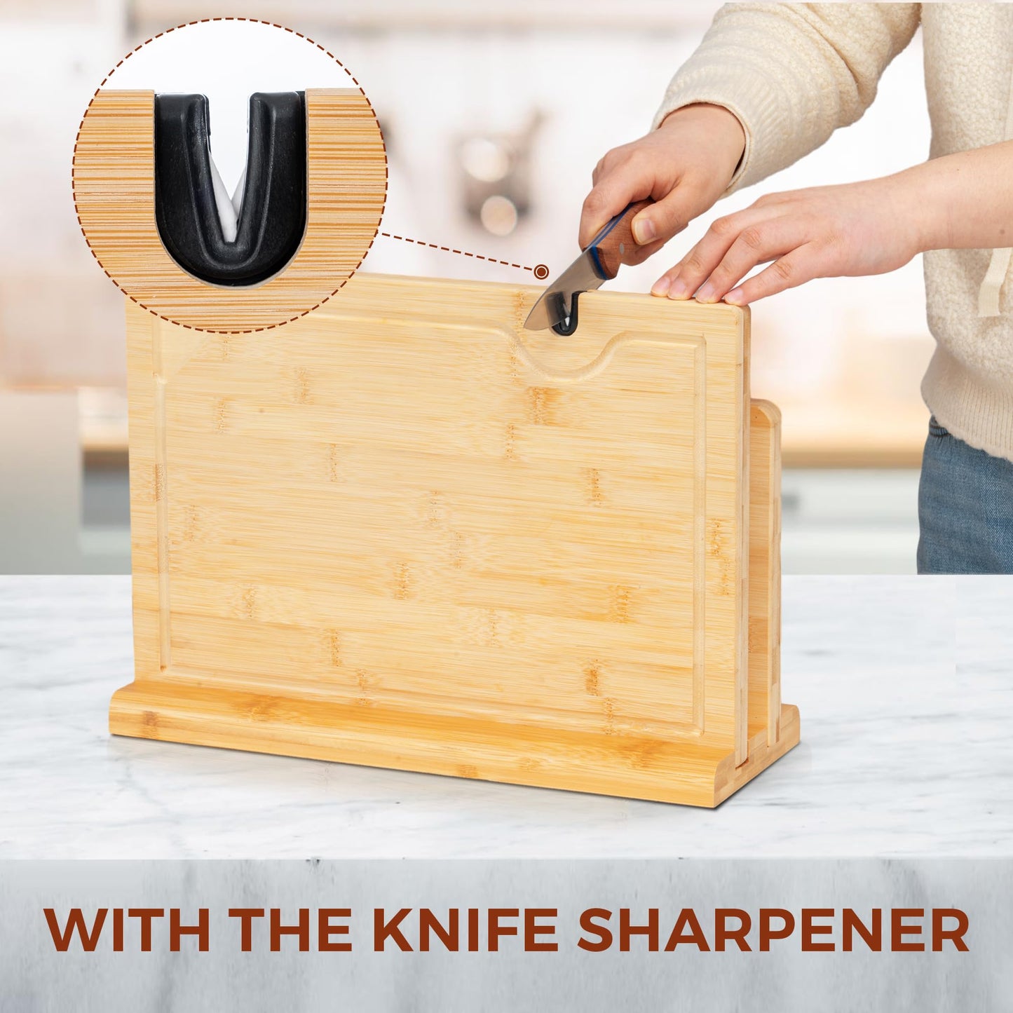Magnetic Knife Block for up to 16 x 9″ Knives - Powerful Double-Sided Bamboo Magnetic Knife Holder with Cutting Board with Knife Sharpener, Easy-Access Kitchen Knife Storage - Supplied Without Knives