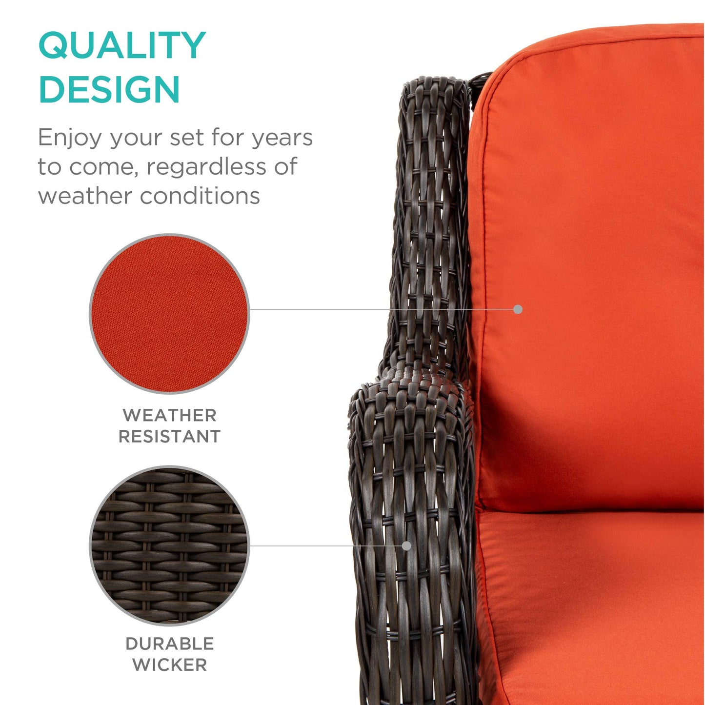 Best Choice Products 3-Piece Outdoor Wicker Patio Bistro Set w/ 2 360-Degree Swivel Rocking Chairs and Tempered Glass Top Side Table - Rust