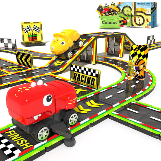 Dinosaur Magnetic Tiles with Race Track Cars