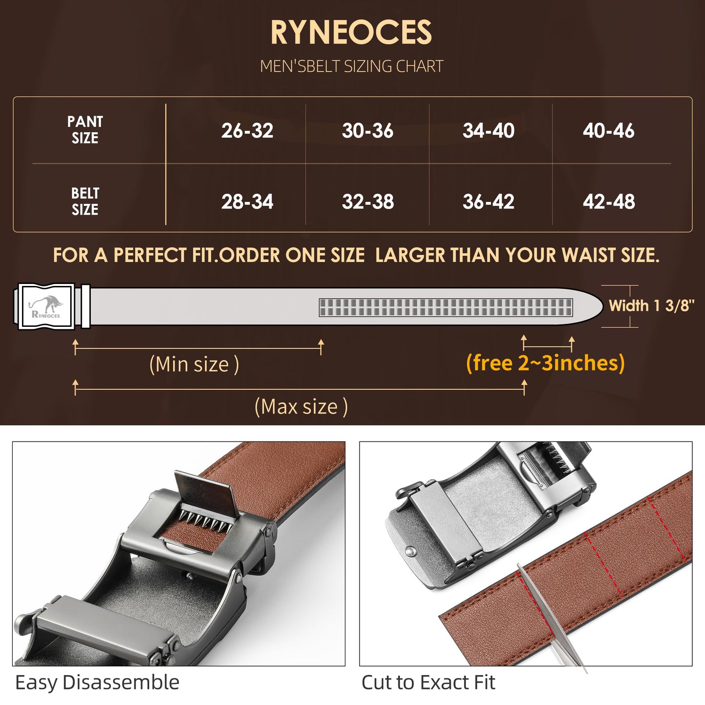 RYNEOCES Ratchet Belt for Men, 1 3/8" Genuine Leather Belt with Sliding Adjustable Buckle, Men's pants shirt belt, Elegant Gift Box (Black2444-1, 28-34 Waist Adjustable)