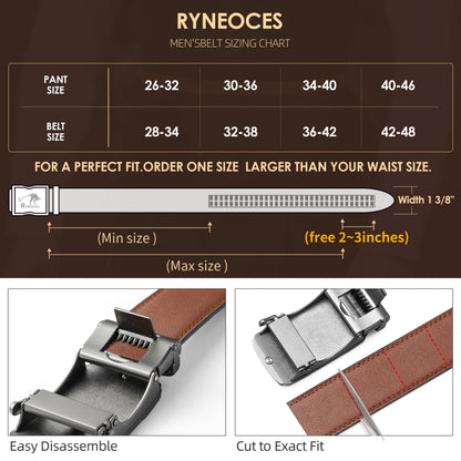 RYNEOCES Ratchet Belt for Men, 1 3/8" Genuine Leather Belt with Sliding Adjustable Buckle, Men's pants shirt belt, Elegant Gift Box (Black2444-1, 32-38 Waist Adjustable)