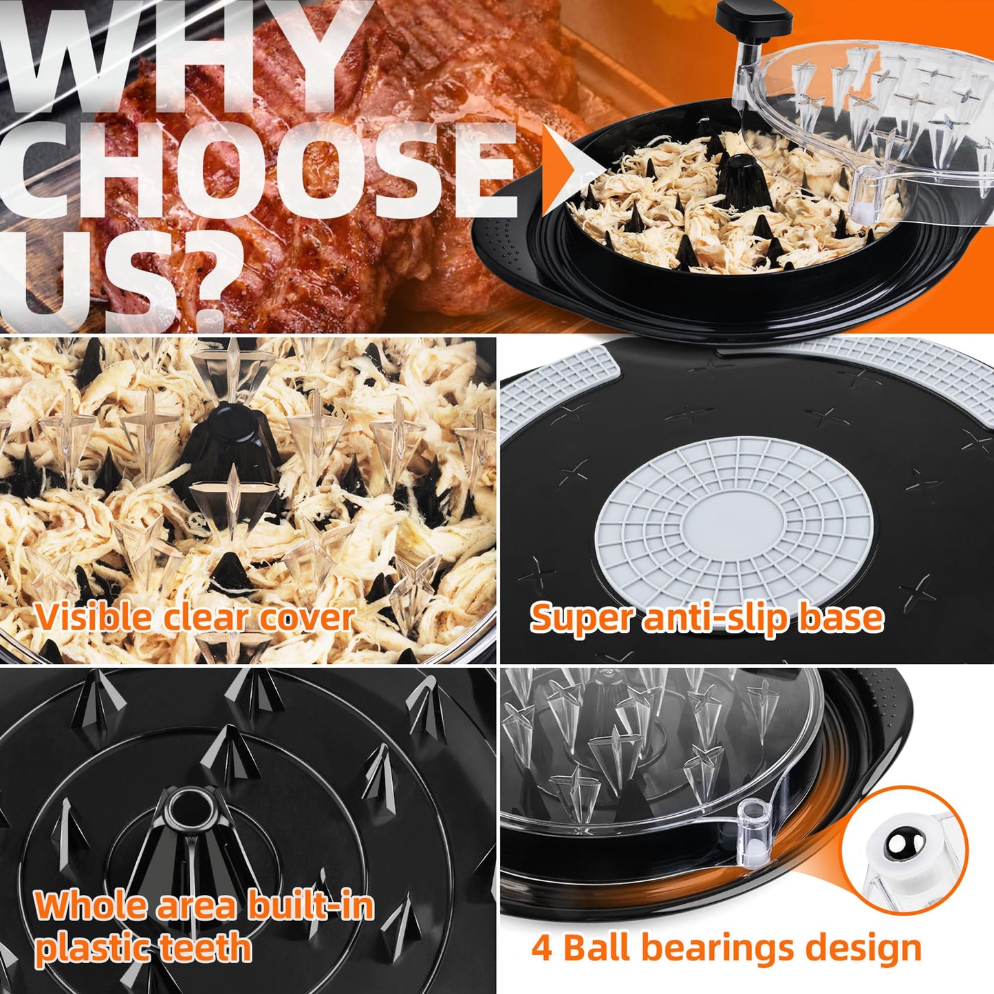 Upgraded 12in Chicken Shredder, Visible Meat Shredder Tool, Design with 4 Ball Bearings Chicken Shredder Tool Twist, Ergonomic Handle, Super Anti-Slip Base, Dishwasher Safe, Heat Resistant, BPA Free