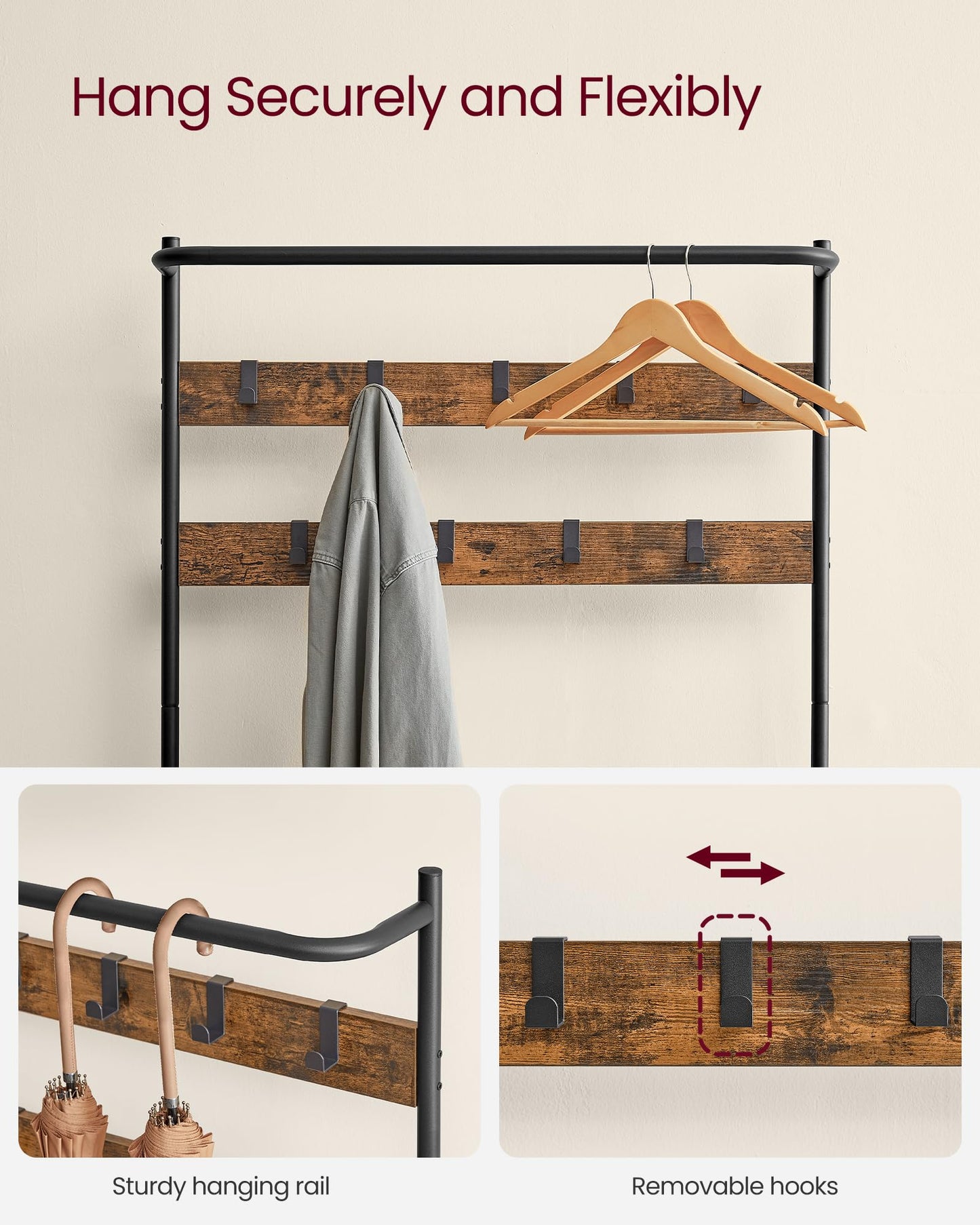 VASAGLE Entryway Bench with Shoe Storage and Hooks