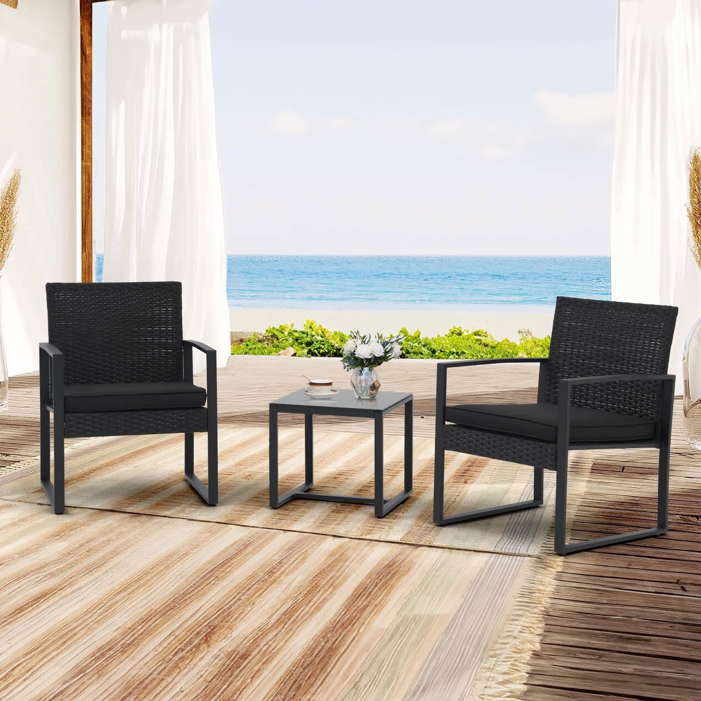 JOIVI 3 Pieces Patio Bistro Set, PE Wicker Outdoor Patio Furniture Set, Modern Rattan Patio Chairs with Coffee Table, Patio Conversation Sets for Balcony, Front Porch, Garden, Poolside, Black Cushions