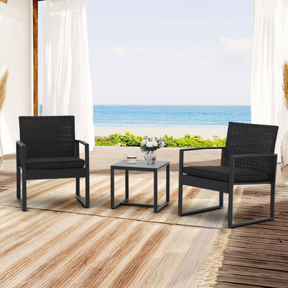 JOIVI 3 Pieces Patio Bistro Set, PE Wicker Outdoor Patio Furniture Set, Modern Rattan Patio Chairs with Coffee Table, Patio Conversation Sets for Balcony, Front Porch, Garden, Poolside, Black Cushions