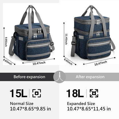 EXLIFBAG Lunch Box for Women, Insulated Double Deck Lunch Bag for Adults, Leakproof Cooler Lunchbox for Men with Adjustable Shoulder Strap, Deep Blue