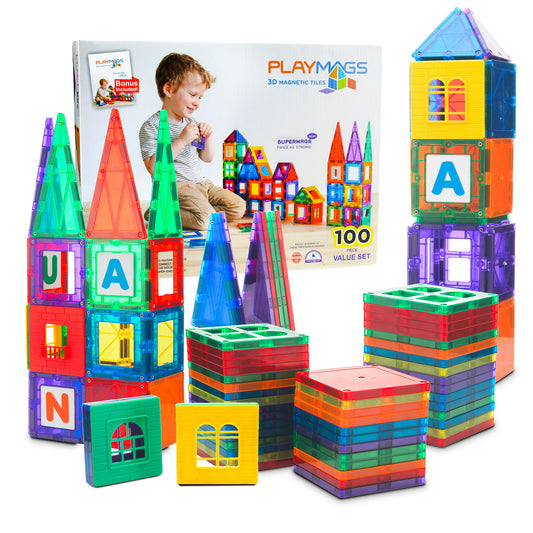 Playmags 100-Piece Magnetic Tiles Building Blocks Set, 3D Magnet Tiles for Kids Boys Girls, Educational STEM Toys for Toddlers…