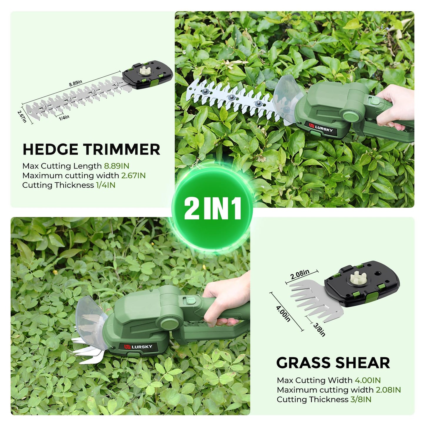 LURSKY 21V Cordless Hedge Trimmer with Battery