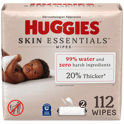 Huggies Skin Essentials Baby Wipes, Hypoallergenic, 99% Water, 2 Flip Top Packs (112 Wipes Total)