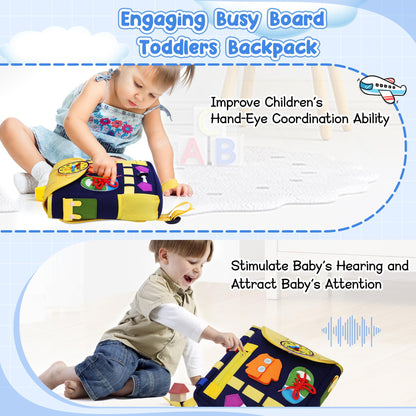 URMYWO Busy Board - Toddlers Backpack for 3-7 Year Old - Montessori Sensory Toys with Numbers Buckles - Develop Life Skills Learning Activity Fine Motor Skills Toddler Travel Toys Birthday Gifts