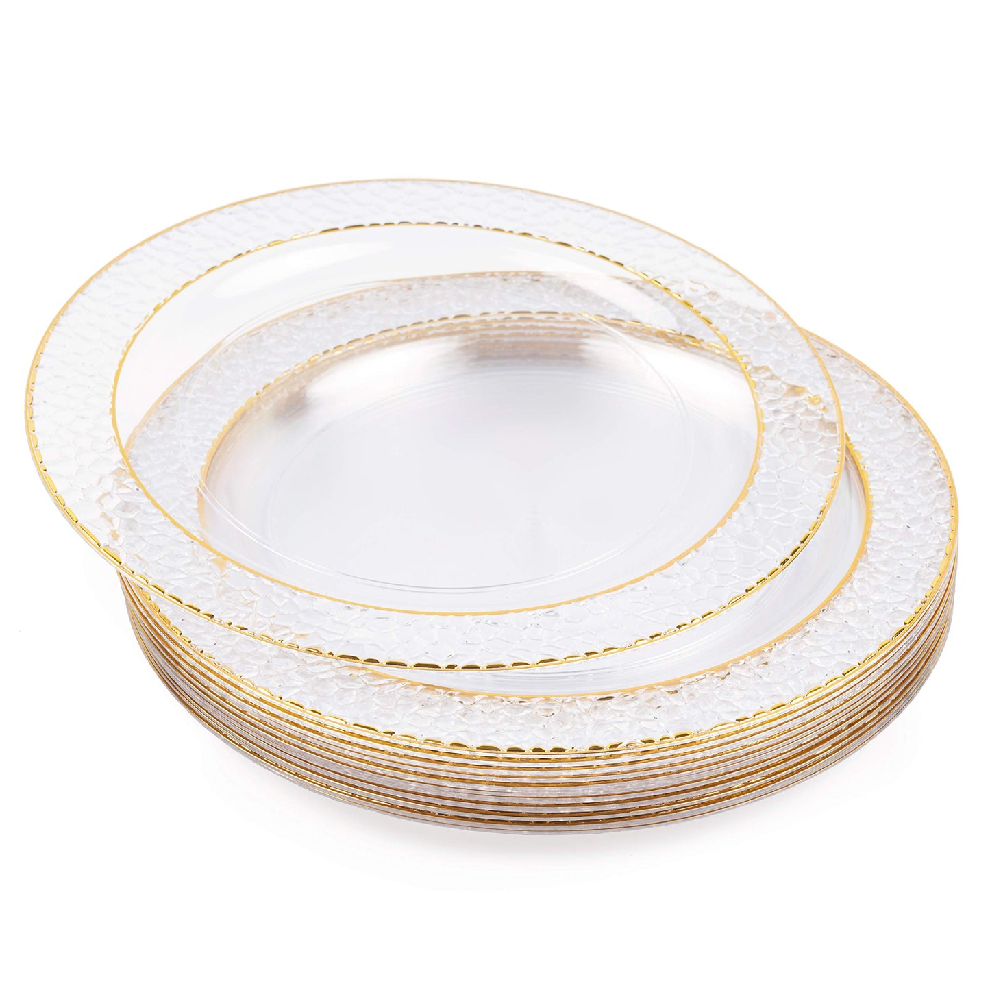 MATANA 20 Reusable 10.25 Inch Clear Plastic Party Plates Hammered Gold Rim - Premium Heavy Duty Dinner Plates, Elegant Fancy Plastic Plates for Wedding, Bridal Shower, Birthday Party, Events & Picnic