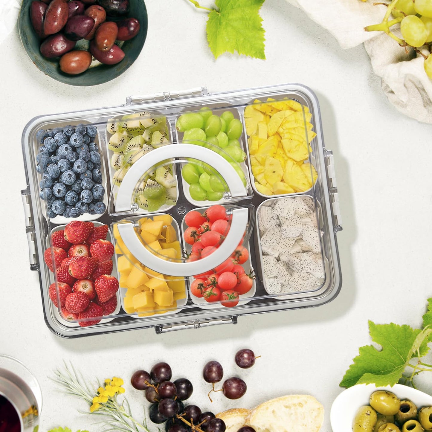 POUYRBA Divided Serving Tray with Lid，Snackle Box Portable Fruit Platters Charcuterie Container with 8 Compartments for Snack, Fruit, Veggie, Candies Party