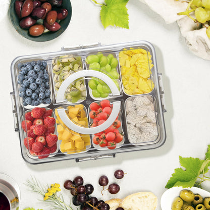 POUYRBA Divided Serving Tray with Lid，Snackle Box Portable Fruit Platters Charcuterie Container with 8 Compartments for Snack, Fruit, Veggie, Candies Party