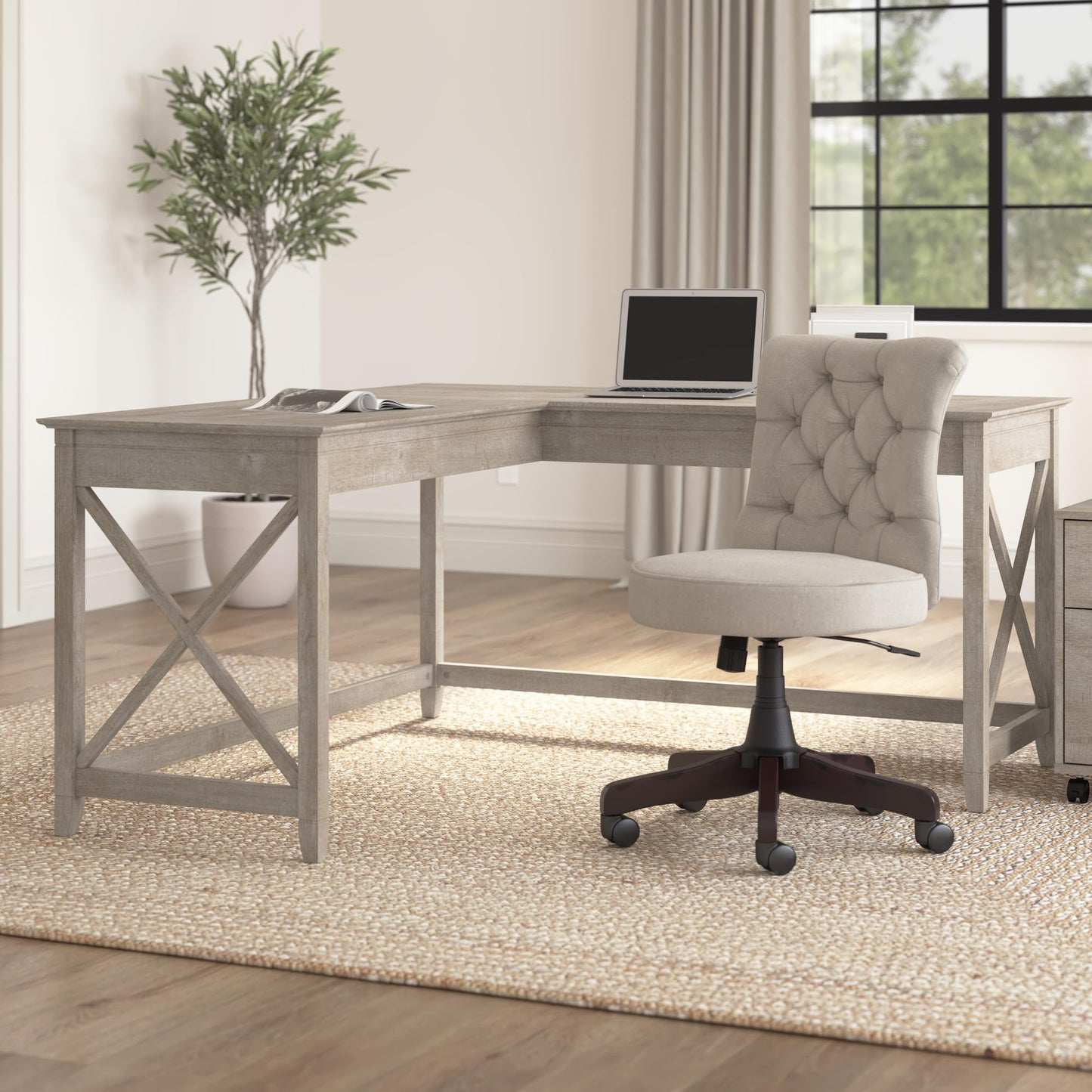 Bush Furniture Key West L Shaped Desk, 60-inch Modern Farmhouse Writing Desk for Home Office