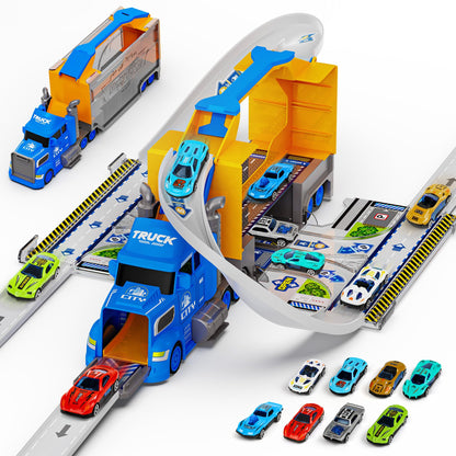 Carsky Truck Toy Cars W/Race Track for Toddlers Toys for 2 3 4 5 6 Year Old Boy Birthday Gifts, 2 in1 Carrier Toy Trucks W/Car Track, Cars Toys W/ 8 Race Cars, Boys Toys for Ages 2-4 3-5 4-6 5-7