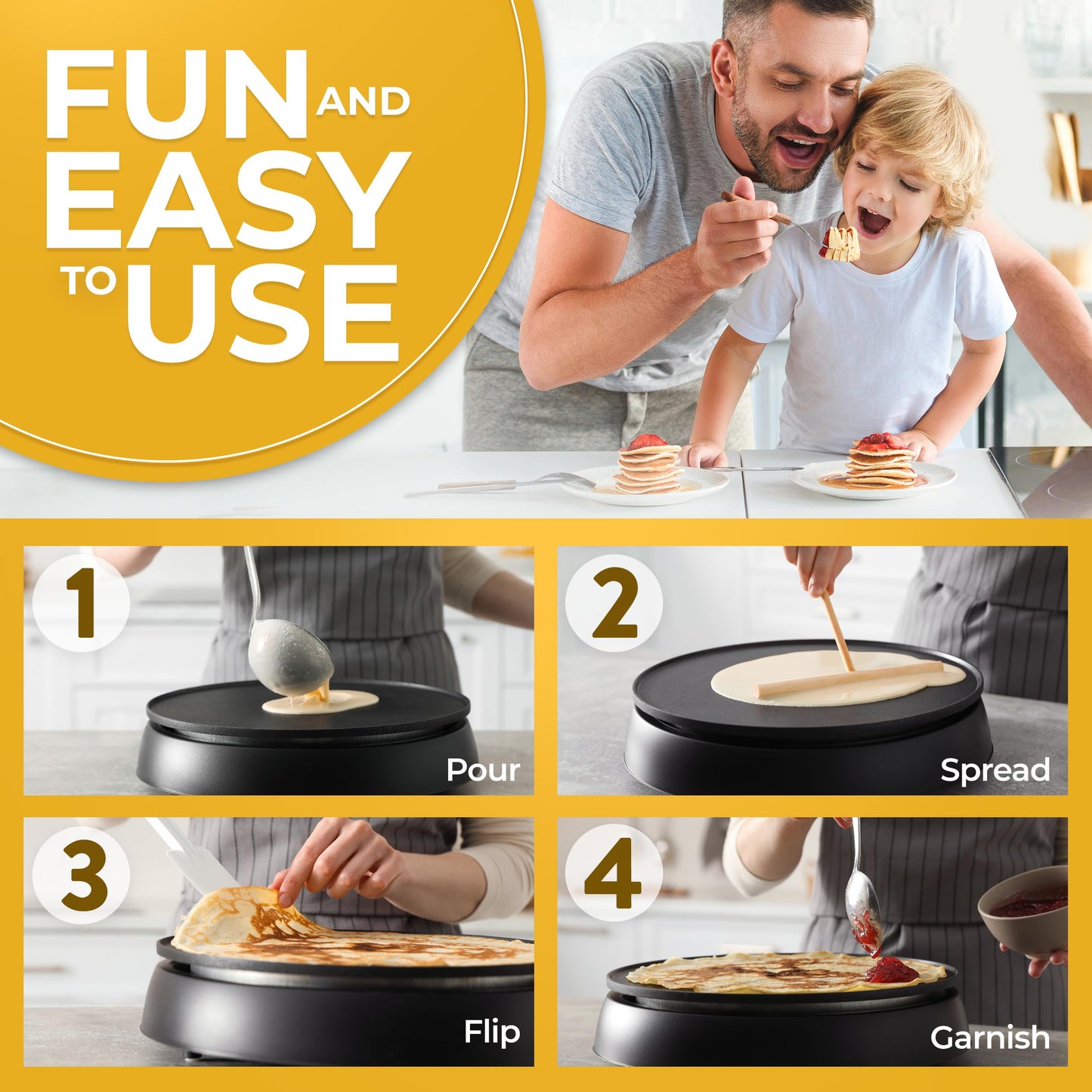 Crepe Maker Machine (Easy to Use), Pancake Griddle – Nonstick 12” Electric Griddle – Pancake Maker, Batter Spreader, Wooden Spatula – Crepe Pan for Crepes Roti, Tortilla, Blintzes – Portable, Compact