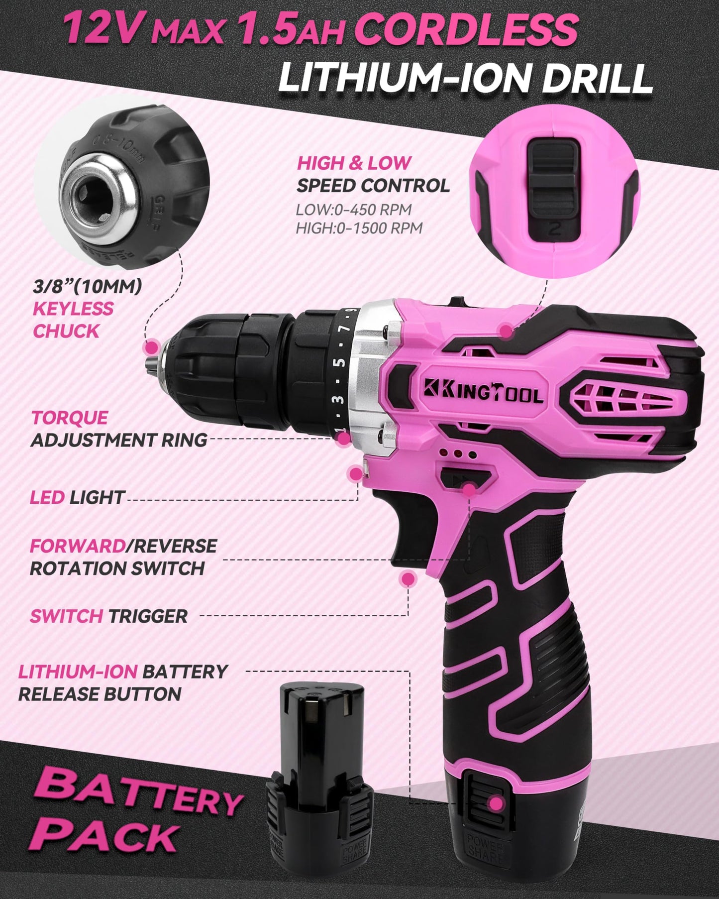 KingTool 219-Piece Pink Tool Kit with Drill