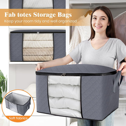 Fab totes 6 Pack Clothes Storage, Foldable Thick Fabric Blanket Storage Bags, Storage Containers for Organizing Bedroom, Closet, Clothing, Comforter, Organization and Storage with Handle,Grey