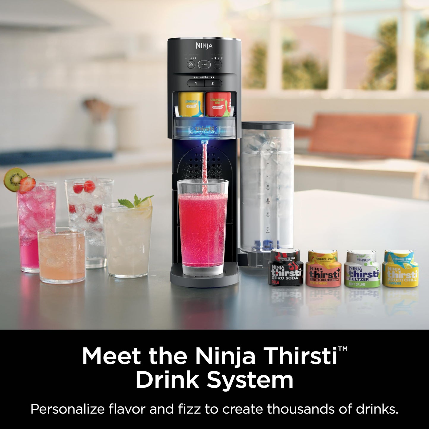 Ninja Thirsti Drink System, Soda Maker, Create Unique Sparkling & Still Drinks, Personalize Size & Flavor, Carbonated Water Machine, 60L CO2 Cylinder & Variety of Flavored Water Drops, Black WC1001