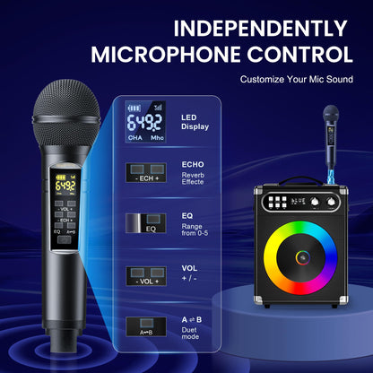 Karaoke Machine, Portable Bluetooth Speaker with 2 Wireless Microphones for Adults Kids with LED Lights, PA System Speaker Supports Echo/USB/TF/AUX Stereo Sound Enhanced Bass for Home Party Birthday