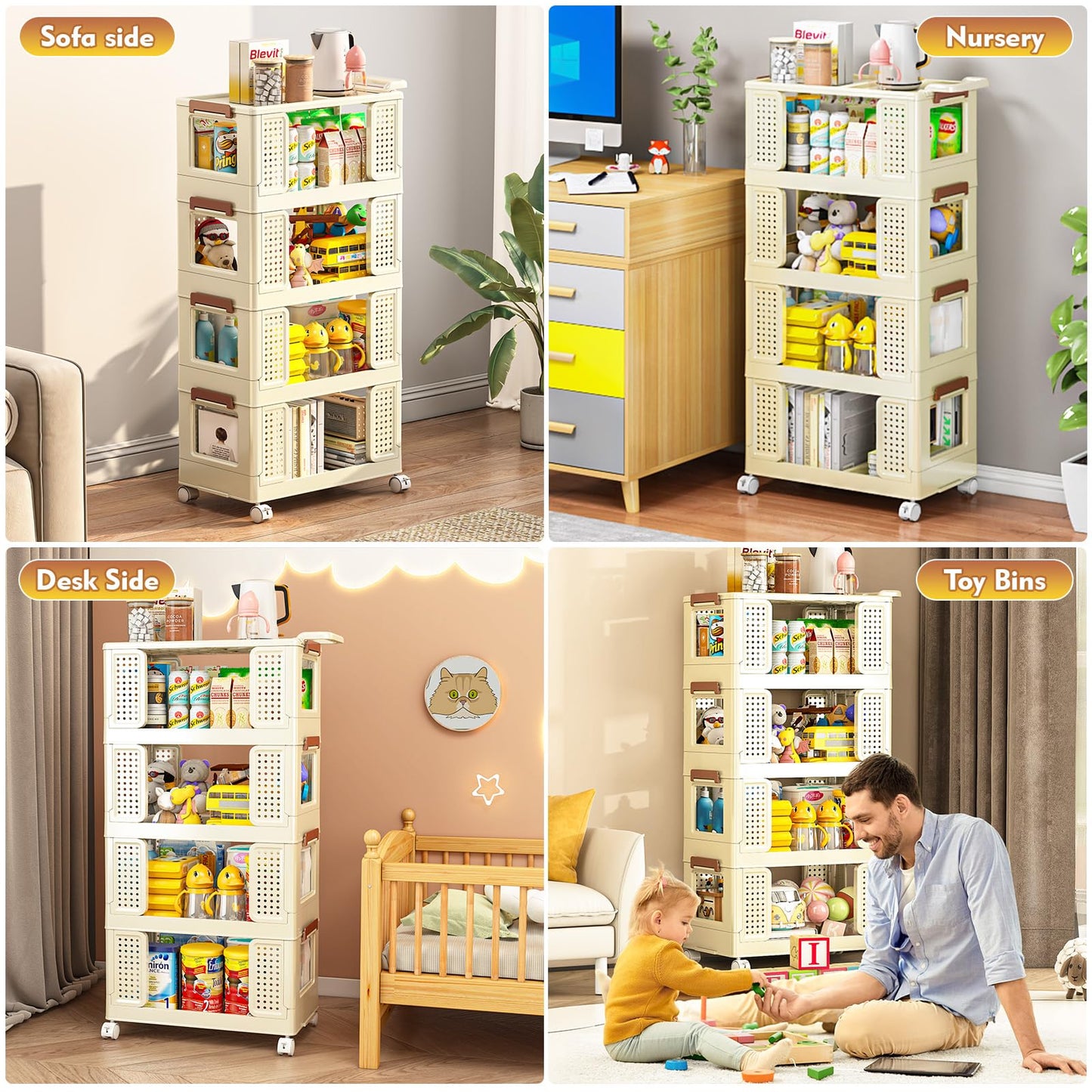 4 Tier Storage Bins with Lids, Plastic Storage Bins With Wheels, Collapsible Storage Bins With Handle, Closet Organizers and Storage