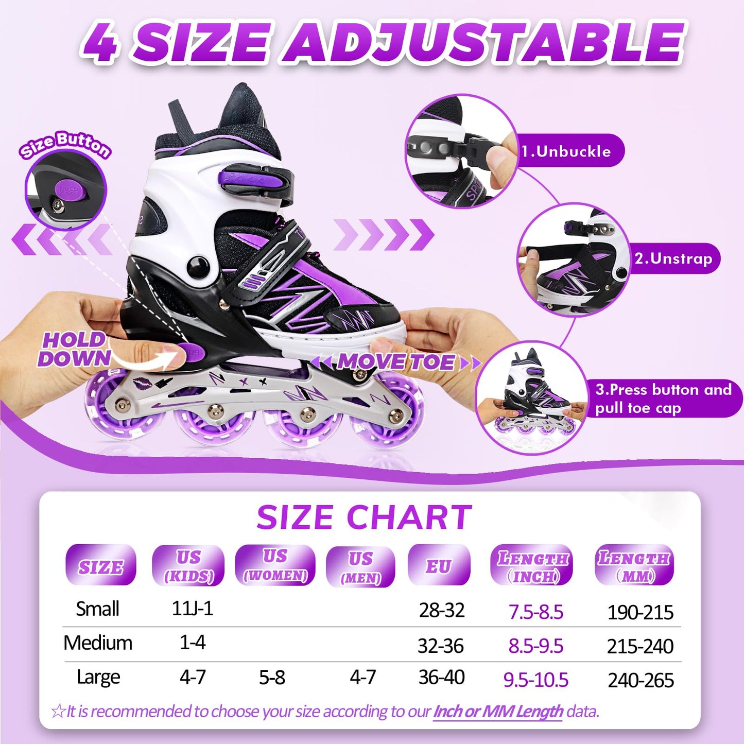 LEJIJIT Adjustable Inline Skates for Kids Girls Boys Children Beginners, Black & Purple Inline Roller Skates with Light Up Wheels for Kids and Youth for Indoors Outdoors Sports (Medium)