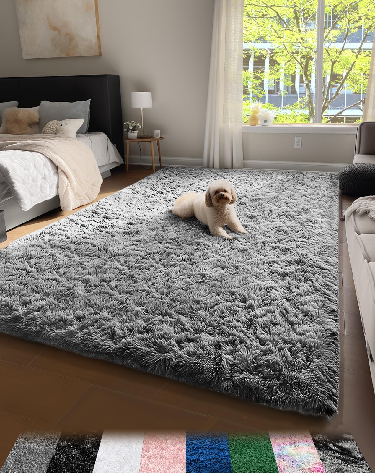 Fluffy Grey Shag Area Rug for Bedroom
