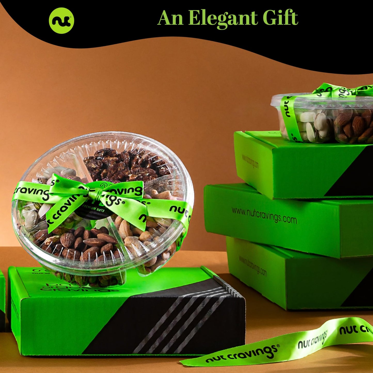 NUT CRAVINGS Gourmet Collection - Rosh Hashana & Shana Tova Mixed Nuts Gift Basket + Green Ribbon (4 Assortments) Arrangement Platter, Birthday Care Package - Healthy Kosher USA Made