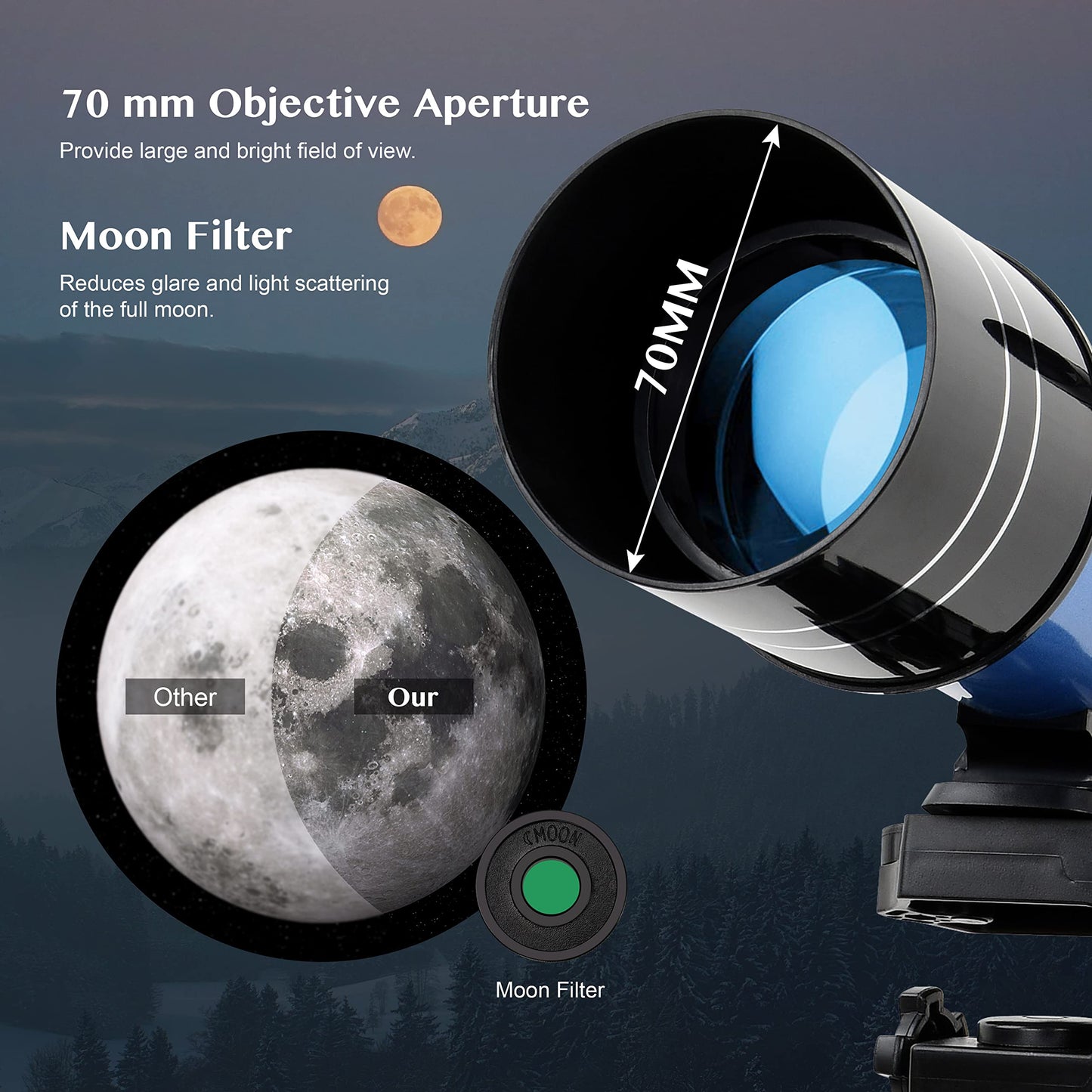 AOMEKIE Telescopes for Adults Astronomy with Backpack Telescope for Beginners with Metal Kellner Eyepieces 70mm Travel Telescope Adjustable Tripod 3X Barlow Lens Phone Adapter