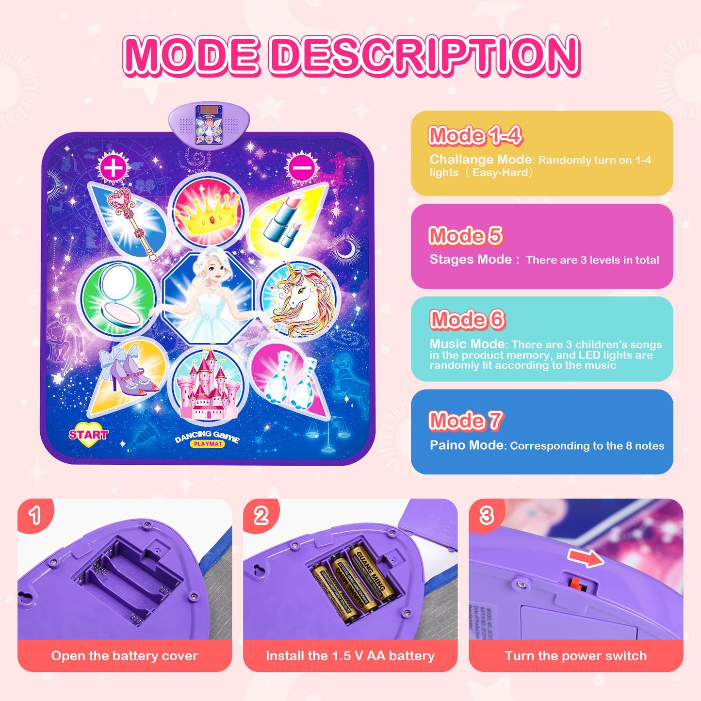 Skirfy Dance Mat, Unicorn Toys for Girls Electronic Dance Pad with 7 Games Mode, Dance Games with Touch Sensitive LED Lights, Birthday Party Games for Toddler Girls for 3-12