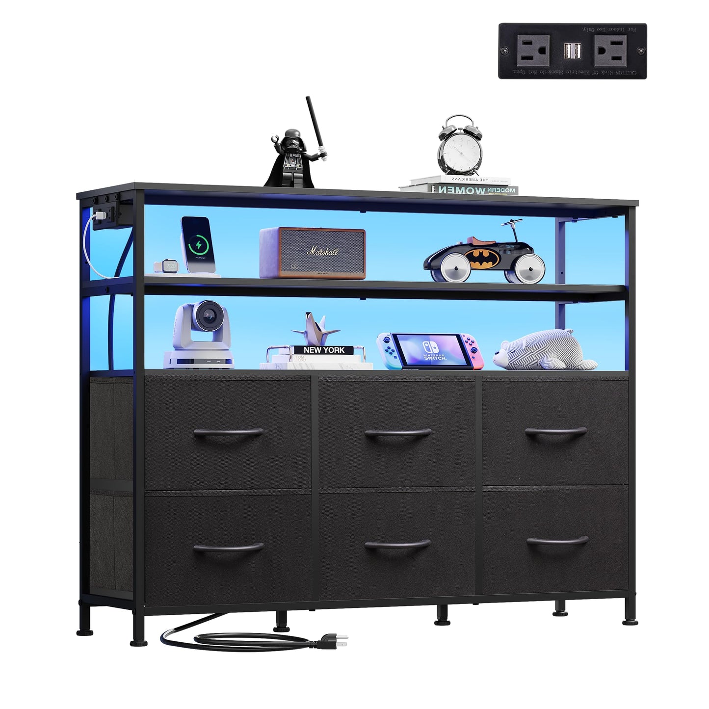 WLIVE Black TV Stand for 40, 45 inch TV, Entertainment Center with LED Lights & Charging Station, TV Media Console Table with 6 Fabric Drawers and Open Shelves for Living Room, Hallway, Wood Top